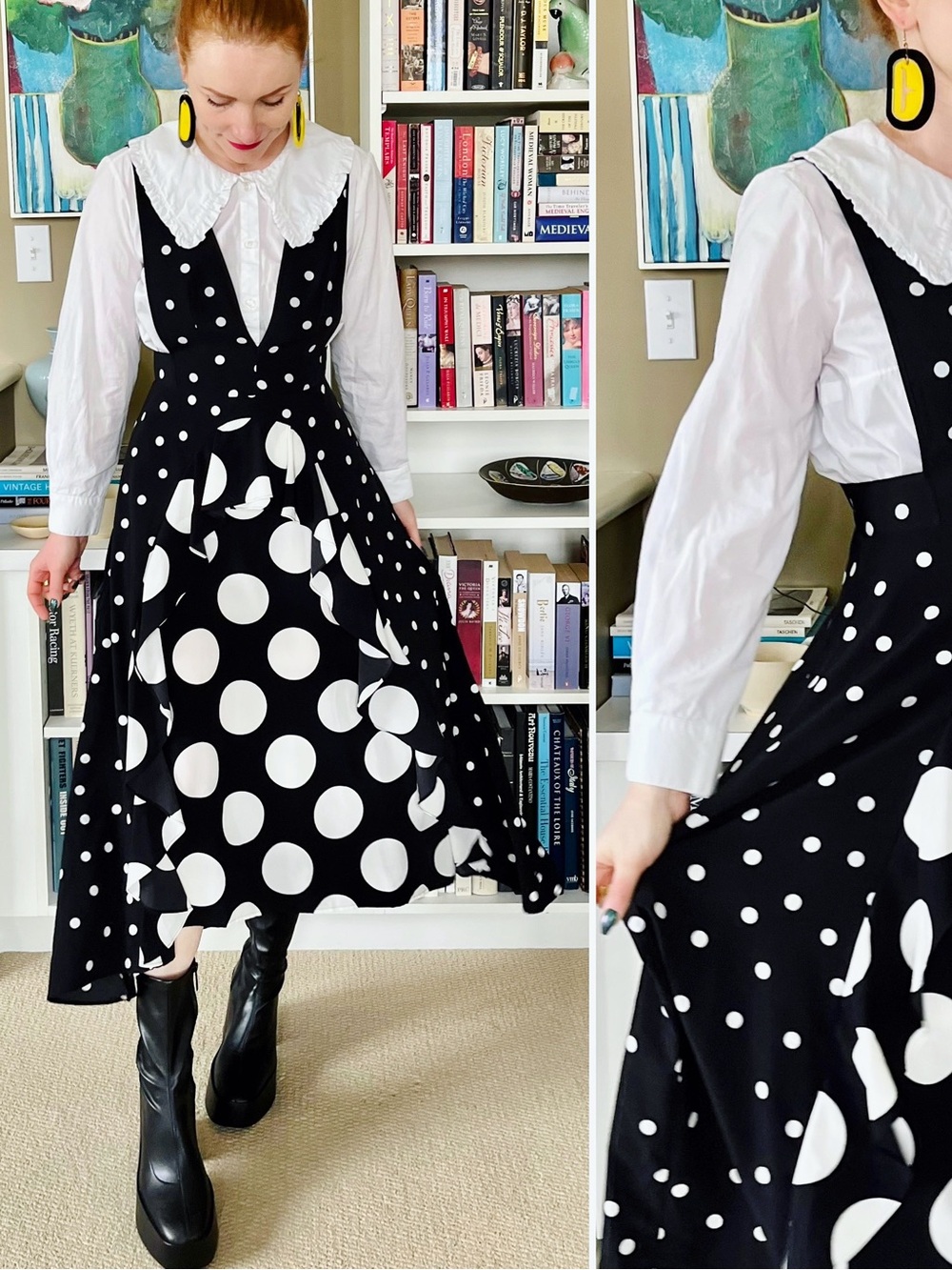 Topshop Black White Polka Dot Pinafore A-Line Dress US 4